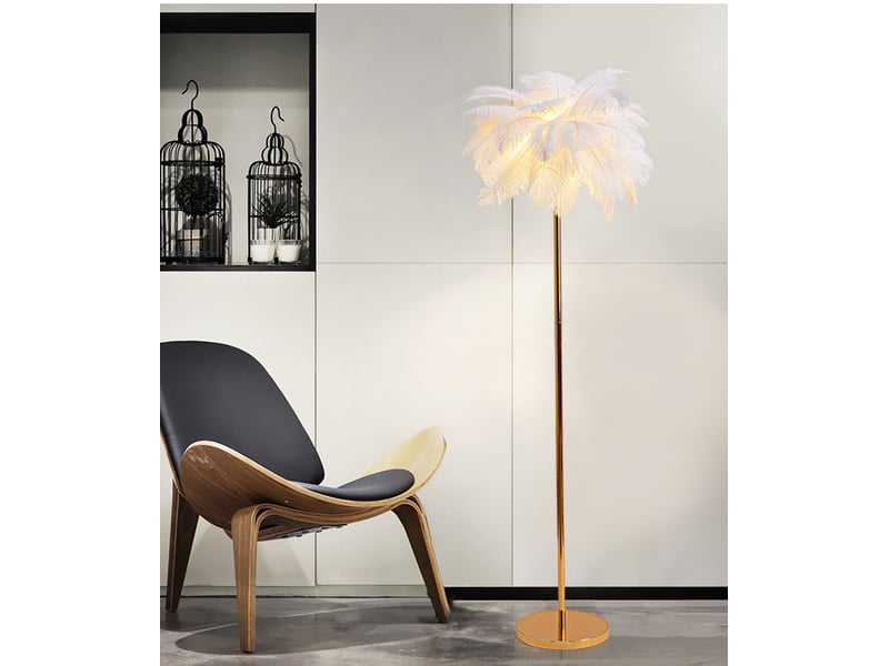  Lampadaire en plumes d'autruche naturelles - corps doré, 3 couleurs à intensité variable  - Conforama D