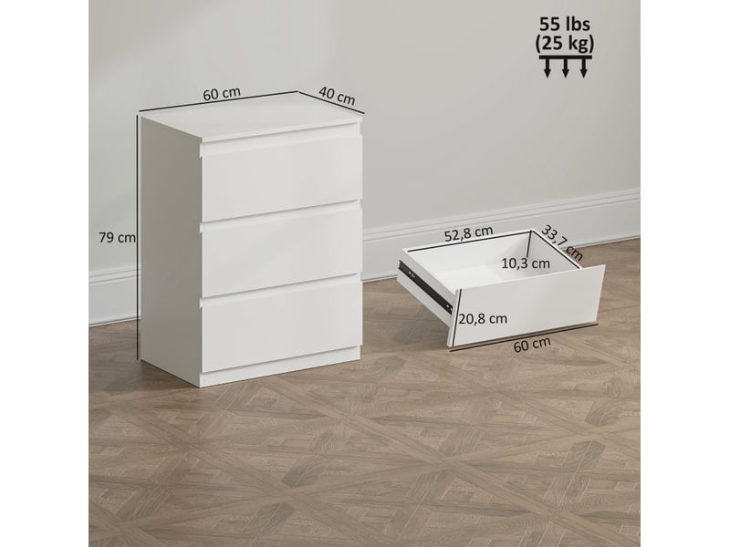 Commode blanche sans poignées avec 3 tiroirs en panneaux de particules fsc, pratique pour chambre, entrée ou salon - Conforama E