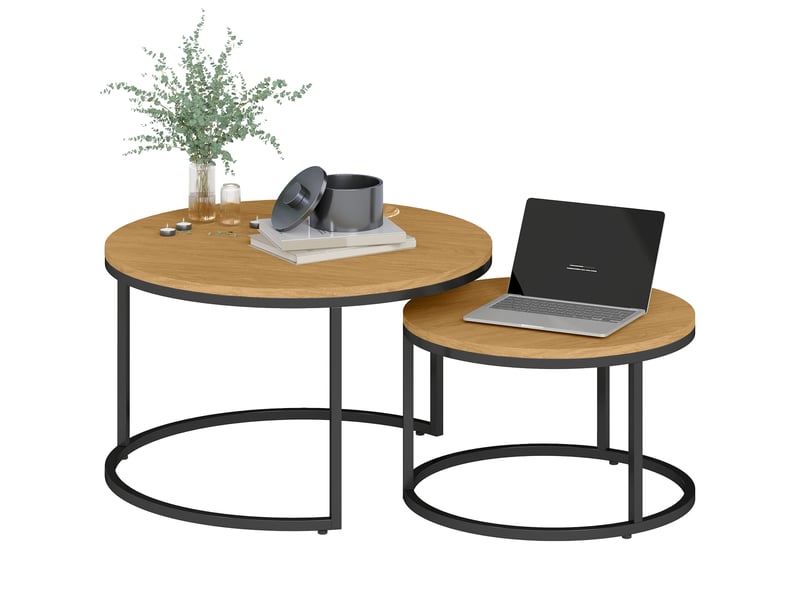  Lot de 2 tables basses gigognes empilable design industriel plateau imitation ciment pieds en métal marron  - Conforama A