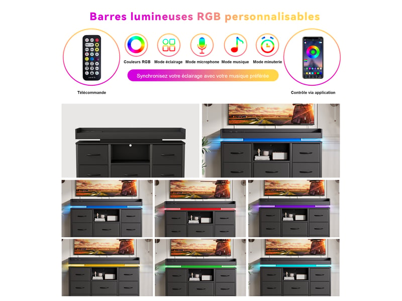 Commode avec 8 tiroirs en tissu,armoire avec led et station de recharge,cadre en métal,100x30x82cm,noir,style moderne - Conforama R