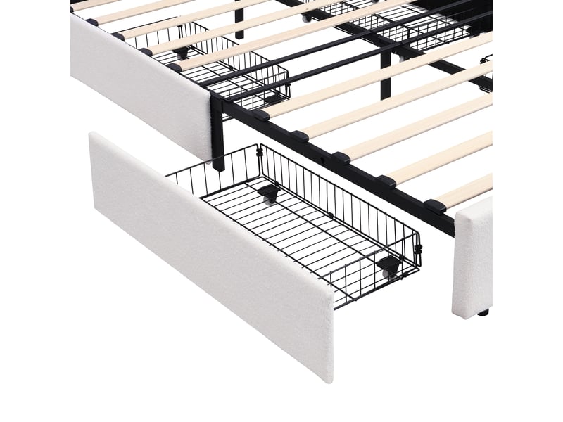  Lit enfant rembourré 140 x 200 cm beige, tête de lit ours, quatre tiroirs et éclairage led pilotable par application  - Conforama E