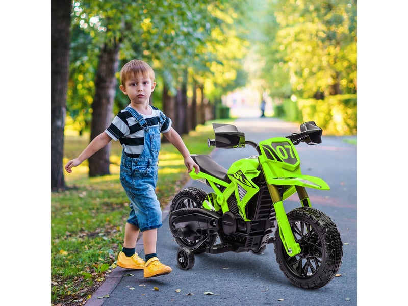  Moto électrique pour enfants de 3 ans et plus, batterie 12 v, avec stabilisateurs et klaxon, capacité de charge de 30 kg, verte  - Conforama C