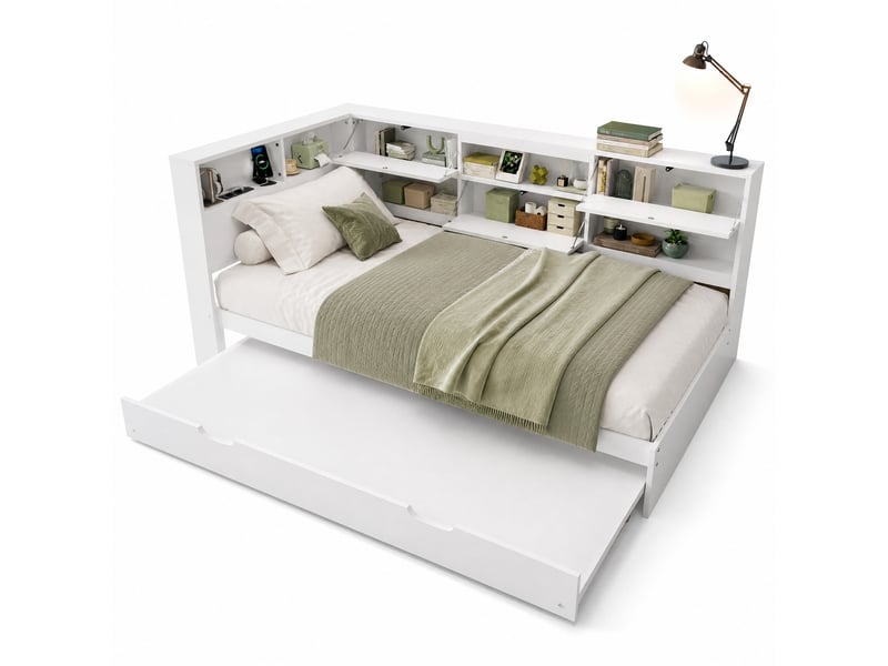 Lit combiné 90x200 cm, bois et en mdf, lit gigogne, rangements en tête de lit, coloris blanc, sans matelas - Conforama A