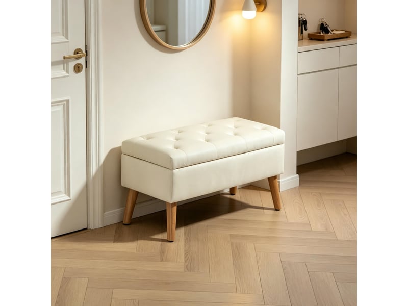  Banc de rangement - 80 x 35 x 42 cm - crème - bout de lit capitonné avec coffre et pieds en bois massif  - Conforama C