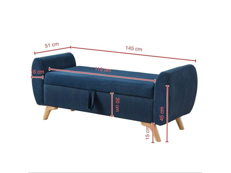  Banc de rangement pliable 145 x 51 x 57 cm en velours côtelé bleu avec pieds en bois  - Conforama C