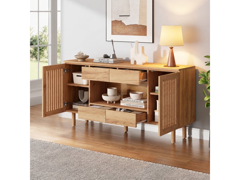  Buffet 140 x 35 x 71 cm, 4 tiroirs et 2 portes à persiennes, couleur bois naturel  - Conforama B