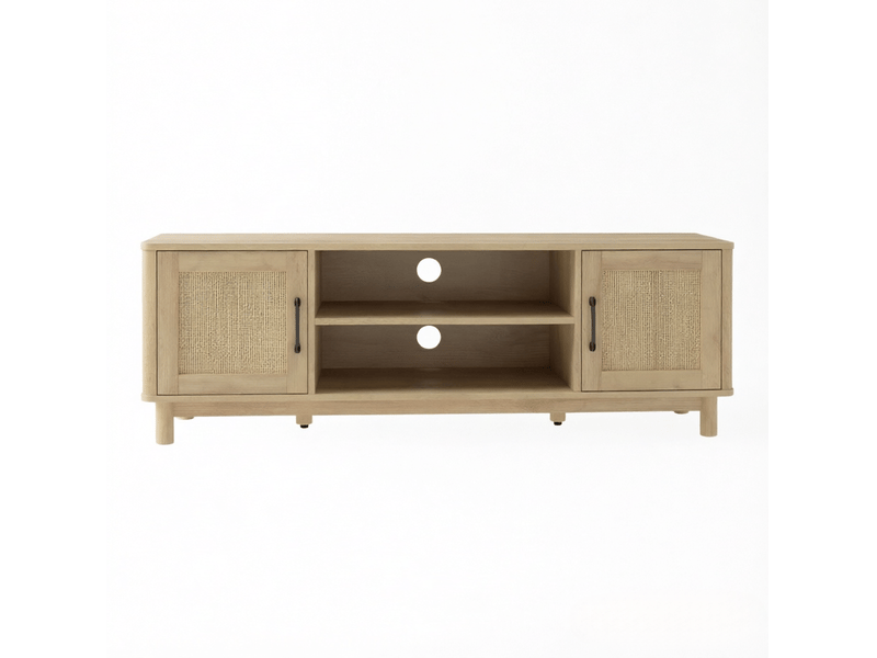  Meuble tv 135x39x45 cm avec 2 portes en rotin et passe-câbles, finition chêne  - Conforama A