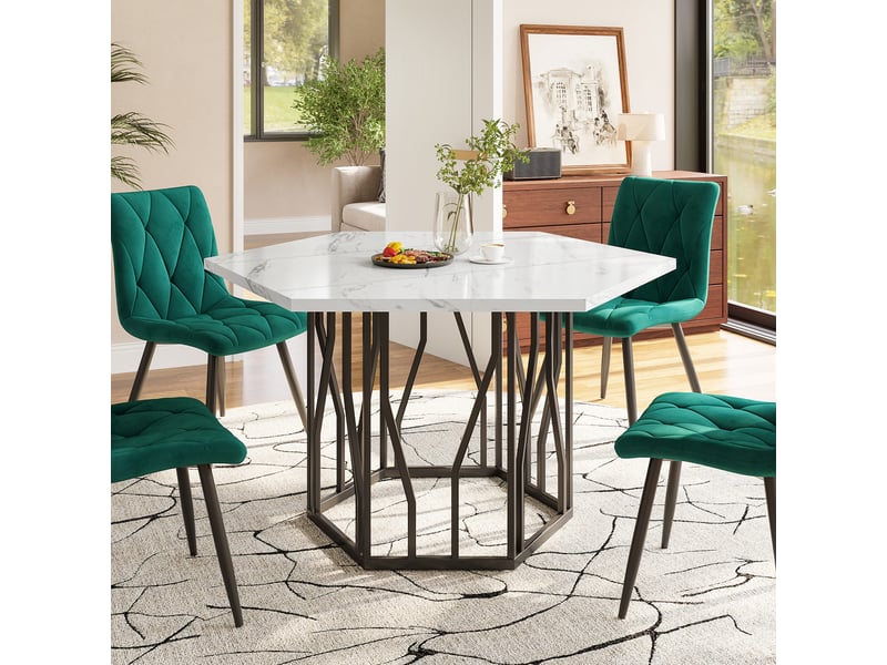  Table de salle à manger hexagonale en mdf et acier 115,5×100×75 cm effet marbre blanc et noir  - Conforama C