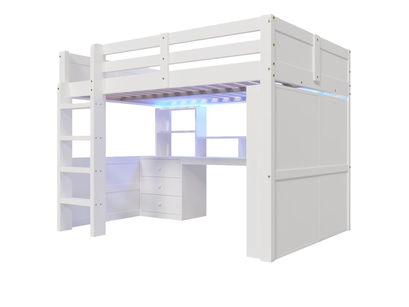  Lit mezzanine blanc 140 × 200 cm, led, armoire, bureau, tiroirs et rangements  - Conforama E
