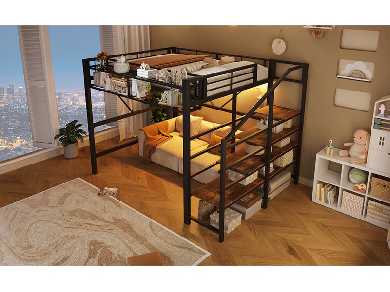 Lit mezzanine 140x200 cm, escalier avec étagères, panier, led et espace inférieur libre, structure métal et mdf, noir - Conforama B
