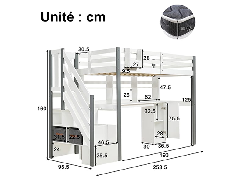  Lit mezzanine en métal, lit simple avec bureau, étagères, échelle et barrière, 200x90 cm, sans matelas, blanc  - Conforama D