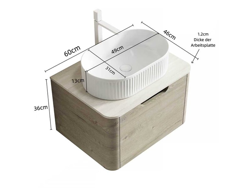  Meuble vasque suspendu 60 cm avec tiroir à fermeture douce - lpospi - vasque ovale céramique, pierre frittée beige et blanc 60 × 46 × 50,2 cm  - Conforama D