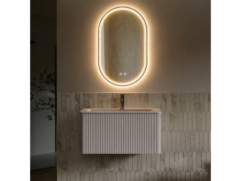 Ensemble meuble salle de bain avec miroir led, meuble vasque suspendu 80 cm, antibuée réglable - Conforama E