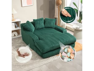 Canapé 2 places, transformable en lit, avec coussins, en velours côtelé, coloris vert émeraude, l125 x p155 x h63 cm, pour salon