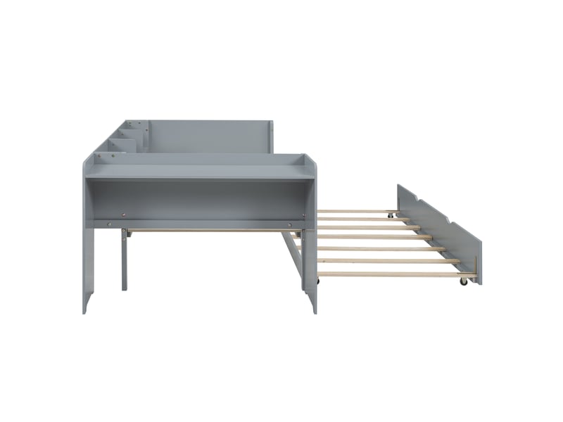  Lit enfant 90x200 avec lit gigogne et bureau intégré - pin massif gris avec étagères de rangement  - Conforama E