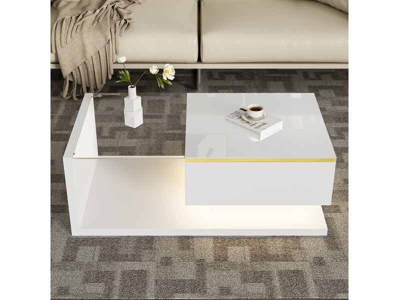  Table basse 90 x 50 x 32,5 cm rangement verre trempé led 16 couleurs pilotable appli panneau particules blanc  - Conforama R