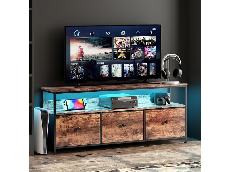  Meuble tv avec led,armoire tv de salon avec 3 tiroirs, tiroirs en tissu et structure en métal,137 x 29.8 x 57 cm,marron  - Conforama B