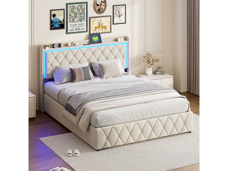 Lit 160x200cm - lit coffre 160x200cm - lit avec tête de lit en velours, coffre pneumatique, led rvb et station de charge - beige - Conforama C