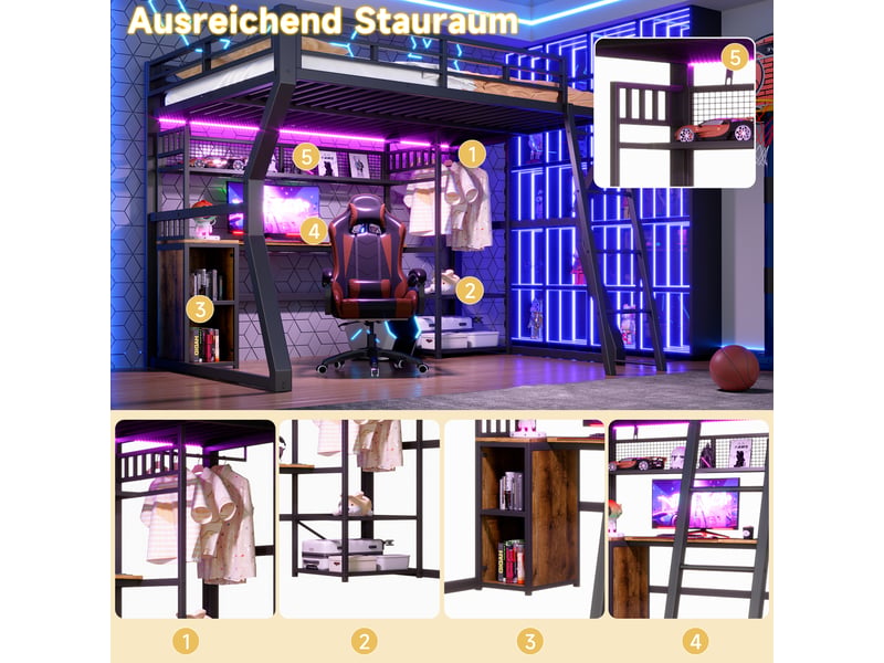  Lit mezzanine 140 x 200 cm, cadre en métal, led, prise, bureau, penderie, rangements, sans matelas, noir  - Conforama E