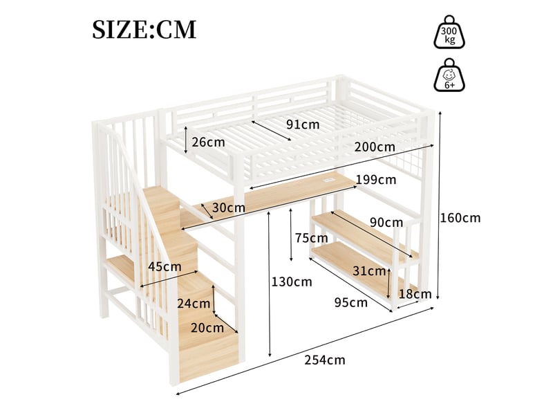  Lit mezzanine enfant 90x200cm, avec bureau, escalier de rangement, grille suspendue, led, 2 usb et 1 usb-c, métal, blanc evarich - Conforama C