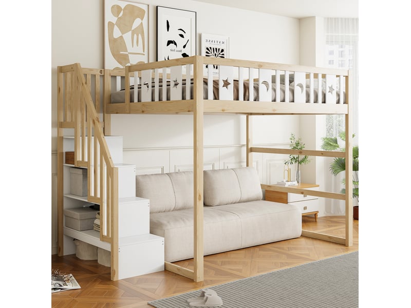  Lit mezzanine enfant 140 x 200 cm avec escalier, étagères et motifs étoile lune  - Conforama D