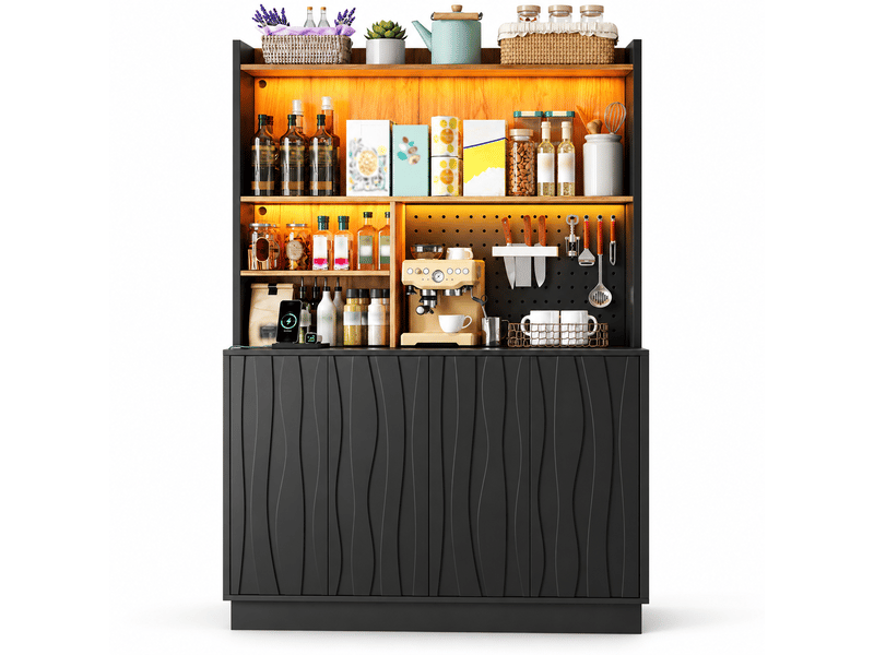 Buffet haut de cuisine 120 x 43 x 160 cm noir et bois, 4 portes, led rgb, prises, usb, panneau perforé et niches ouvertes pour cuisine moderne - Conforama A