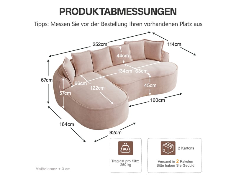  Canapé d'angle, canapé cloud; en tissu chenille, avec méridienne, sans montage, sans cadre, coussins inclus, assise profonde, rose, style cloud  - Conforama E