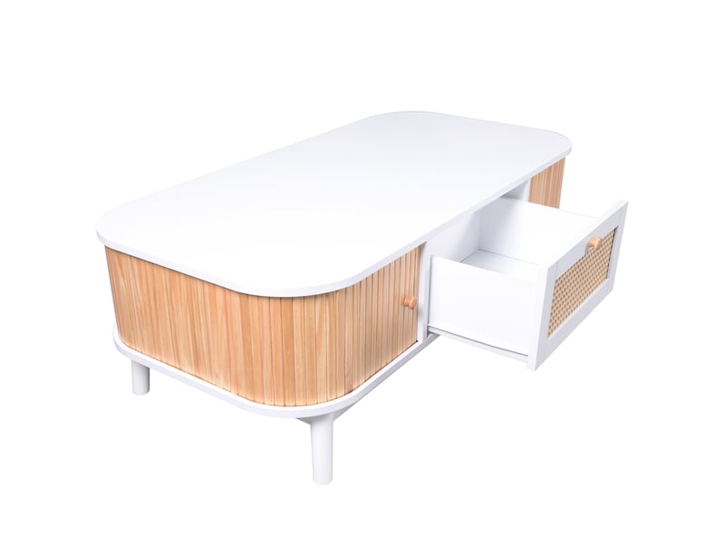  Table basse en rotin et bois massif avec tiroirs, table de salon blanche et bois 110x55x38.5 cm  - Conforama W