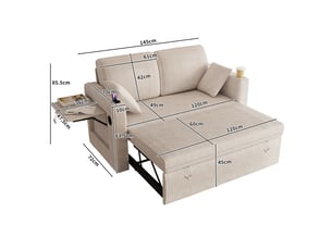 Canapé 2 places, avec couchage d'appoint, dossier réglable, avec porte-gobelets, avec coussins, en velours côtelé, coloris blanc