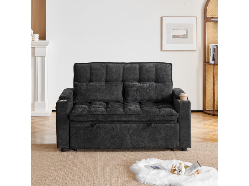 Canapé-lit 3 en 1 142 cm – noir – chenille avec rangements, porte-gobelets et coussins de soutien - Conforama D