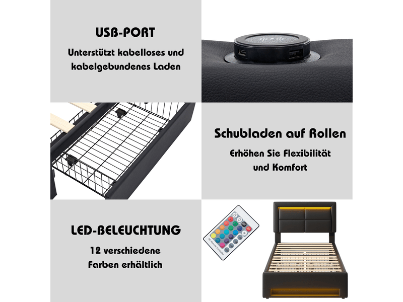  Lit coffre 90x200 cm avec 4 tiroirs, led et usb - lit rembourré - en pu noir, charge sans fil, sommier inclus, montage facile  - Conforama E