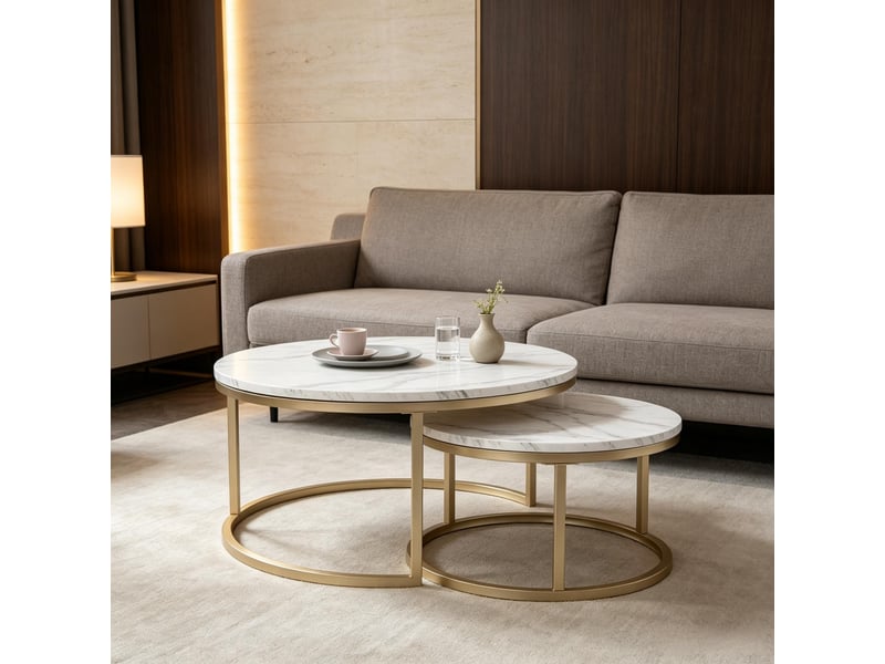  Table basse ronde à la structure élégante, table gigogne aux formes stylées, table à thé, idéale comme table d'appoint, blanc  - Conforama C
