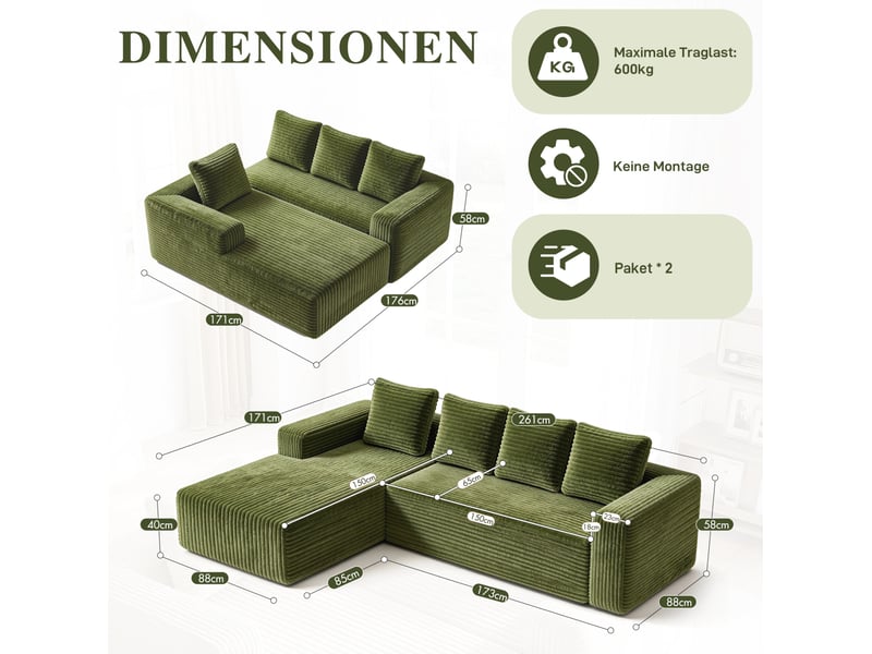  Canapé d’angle modulable 261x171x58 cm réversible vert  - Conforama E