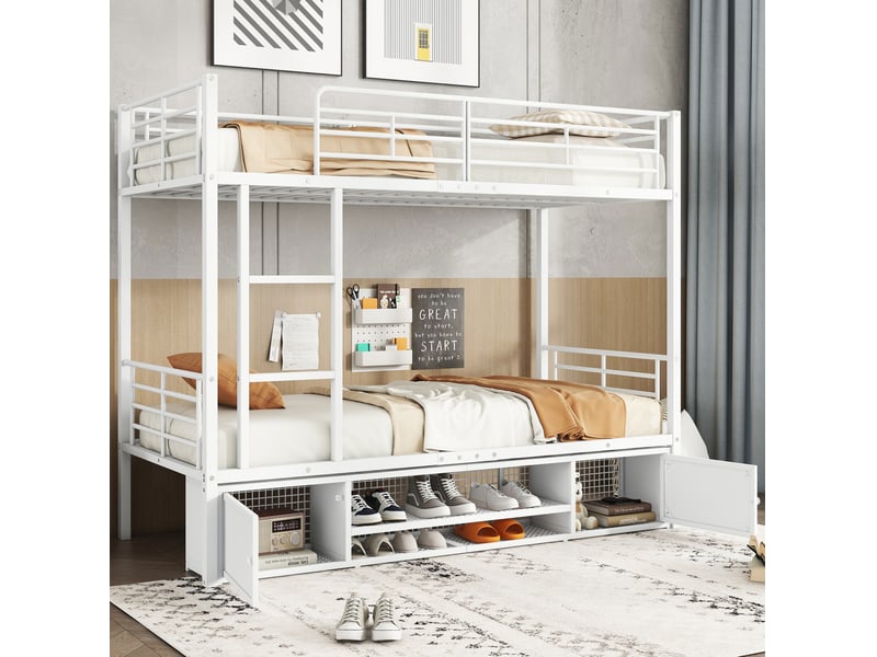  Modenvie lit superposé 90x200 cm - structure en métal, rangement chaussures, sans matelas - blanc  - Conforama E