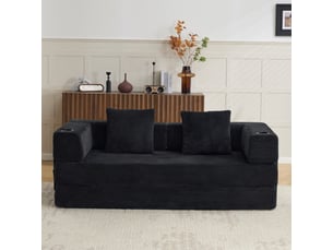 Canapé de sol convertible – velours côtelé – accoudoirs et porte-gobelet – 185 cm – noir