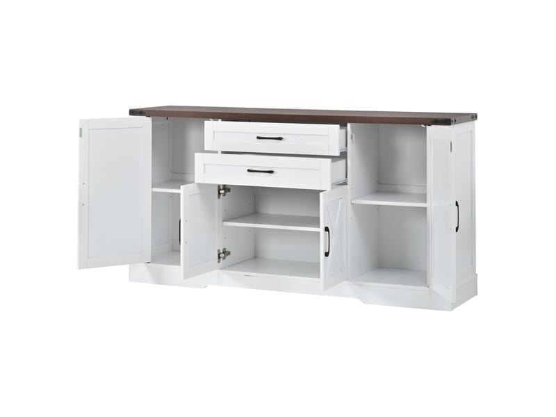  Buffet de cuisine avec 4 portes, 2 tiroirs et 6 étagères réglables, style campagne, blanc et brun, 160 × 39 × 81,5 cm  - Conforama A