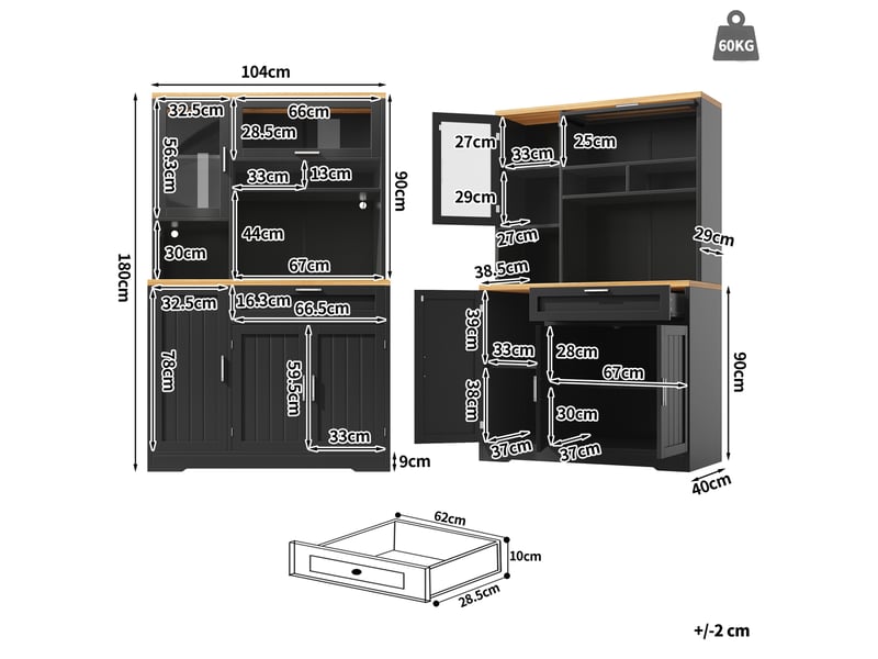  Meuble de rangement haut 104x40x180 cm, armoire de rangement, tiroir, portes, luminaire led, pour cuisine, salon, mdf+métal, noir  - Conforama C