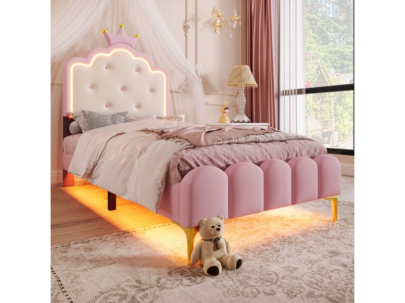  Lit enfant 90x200 cm - lit simple style capitonné avec tête de lit couronne et lumières led télécommandées, cadre solide, sans matelas - rose  - Conforama C
