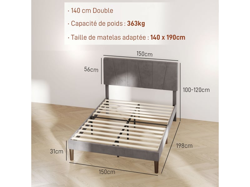  Cadre de lit double 140 x 190 cm lit 2 personnes tête de lit réglable sommier 150 x 198 x 100105110115gris 120 cm  - Conforama C