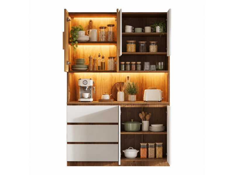  Armoire de cuisine 120,5x40x180 cm avec led, 3 tiroirs, 6 portes et étagères de rangement  - Conforama A