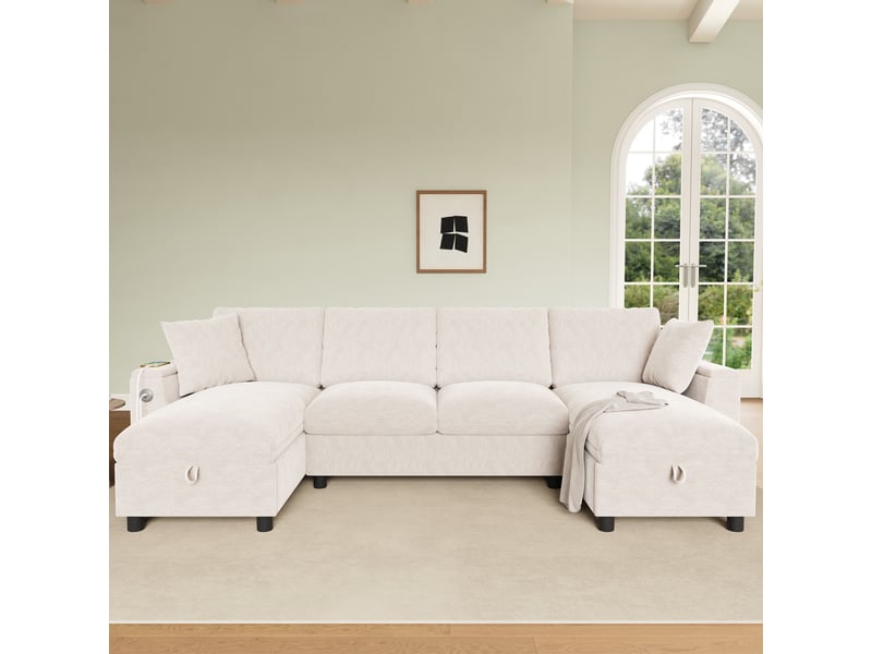 Canapé en u beige 4 places en chenille avec deux méridiennes, coffre de rangement et ports usb et usb-c, 279 x 135 x 84 cm - Conforama R