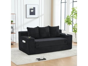 Canapé 3 places en velours côtelé, sans montage, design modulaire, porte-gobelets, rangements latéraux, 172×87×64 cm
