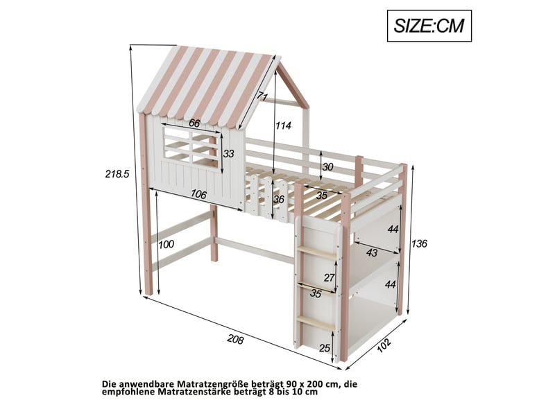  Lit mezzanine enfant 90x200 cm – rose et blanc – cabane avec échelle fixe - sans matelas rangement latéral  - Conforama C