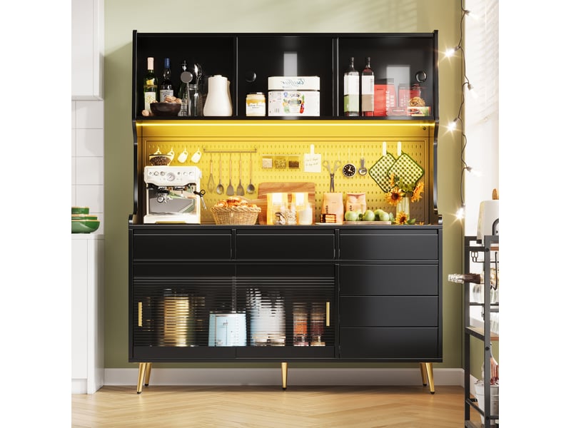 Buffet haut 145 x 39 x 171 cm avec led connectée et portes coulissantes, noir - Conforama E