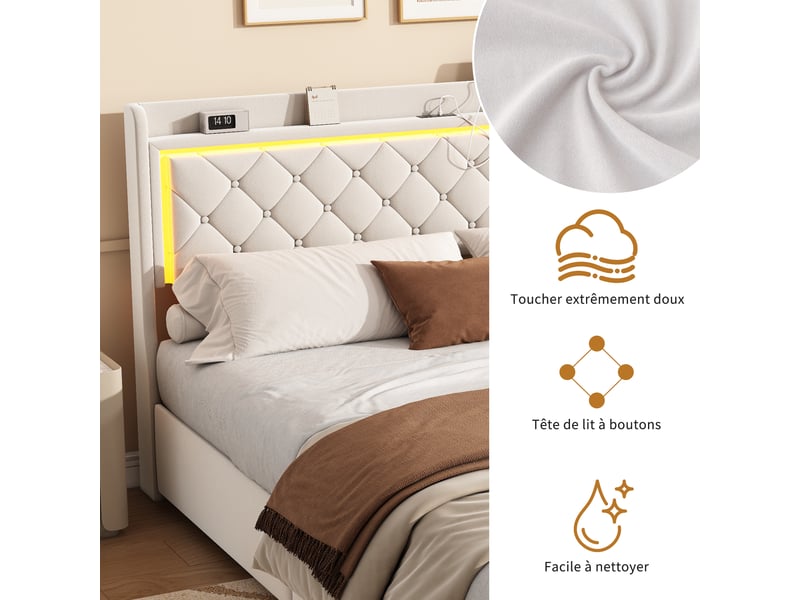  Kefsr lit double 140x200 cm avec 4 tiroirs, tête de lit rangement et led rgb, velours beige, ports usbtype-c, sommier inclus  - Conforama E