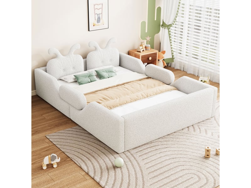 Lit enfant rembourré 140x200cm avec tête de lit oreilles de lapin, barrières de sécurité et cadre capitonné, mdf et contreplaqué - blanc - Conforama B