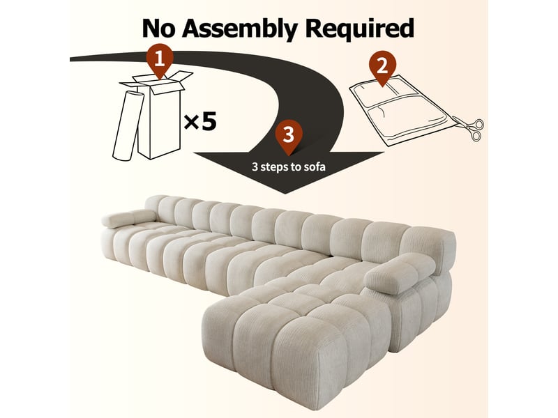  Canapé d’angle en l 5 places 400x200x68 cm sans structure, sans montage, mousse haute résilience, assise profonde, tissu chenille blanc  - Conforama E