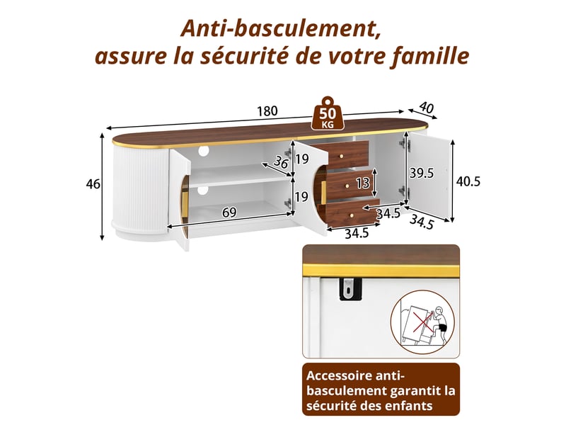  Meuble tv 180 cm-style luxe-3 portes et 3 tiroirs-blanc-mdf GL Store - Conforama C