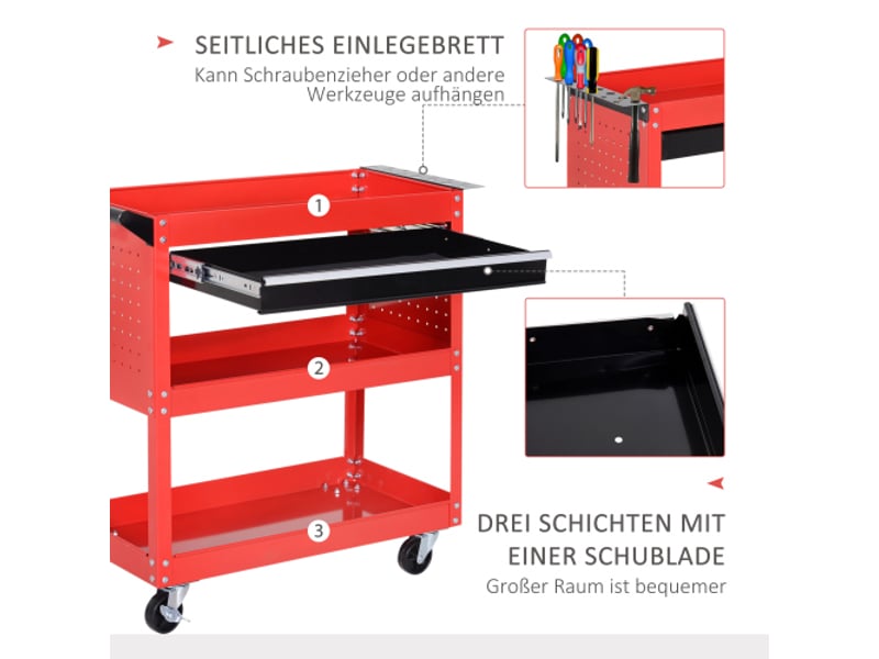  Chariot à outils mobile 3 niveaux 82 × 35 × 76 cm, boîte à outils avec 4 roulettes, rangement pratique  - Conforama C