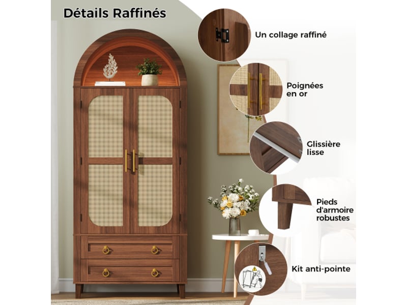  Armoire haute arquée 76x40x179,5 cm noyer, niche led via application, 2 portes effet rotin avec organiseurs, 2 tiroirs, mdf et panneaux  - Conforama D